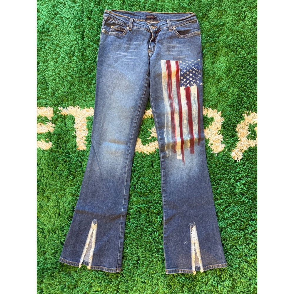 Heart Moon Star American Flag Painted Flare Jeans Low Rise Split Hem Blue Denim - Picture 2 of 9